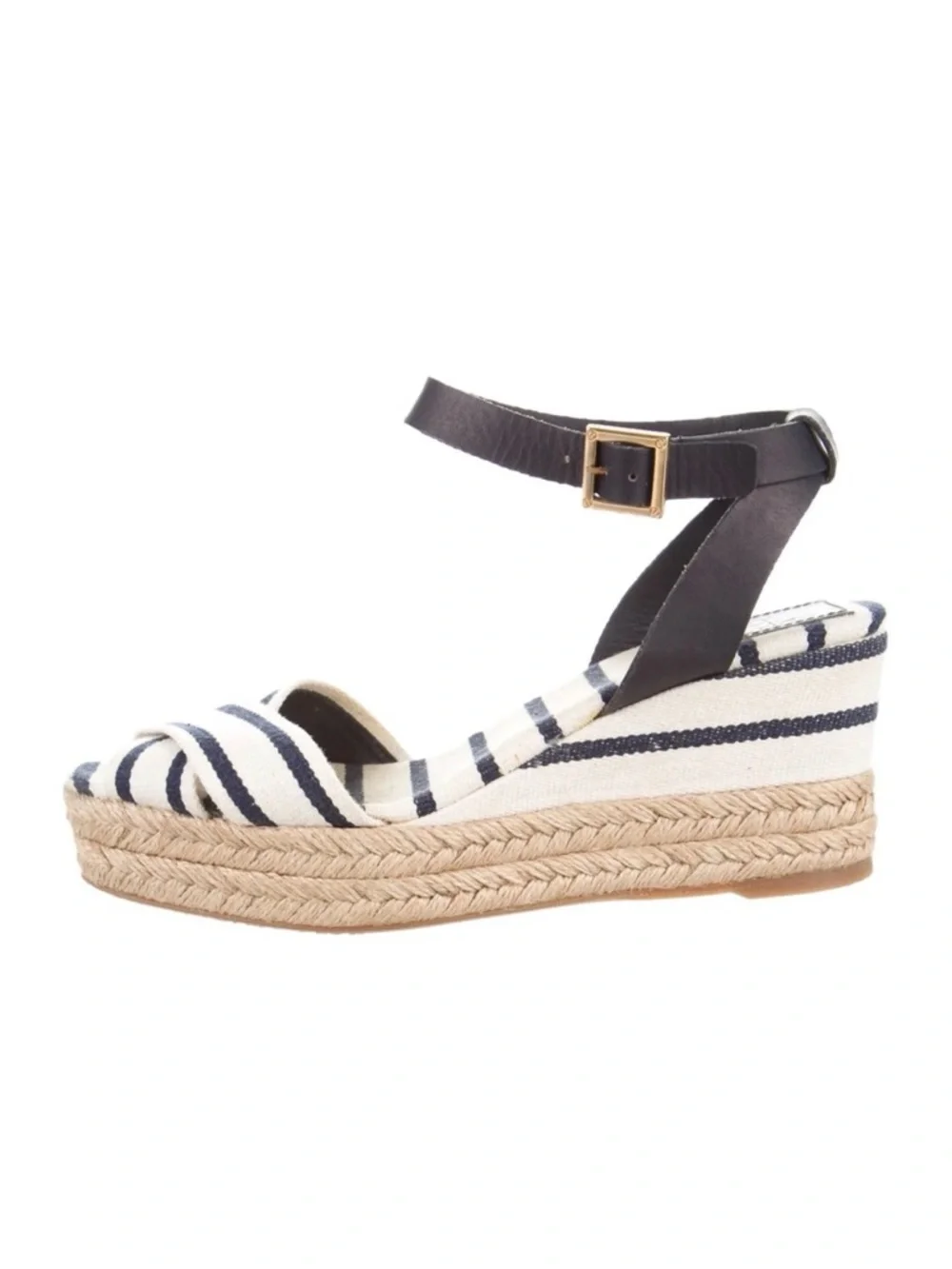 Tory Burch Striped Canvas Karissa Espadrille Wedge Sandal Ankle Strap Size 9